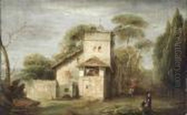 Figures Beside A Villa Oil Painting by Francesco Guardi