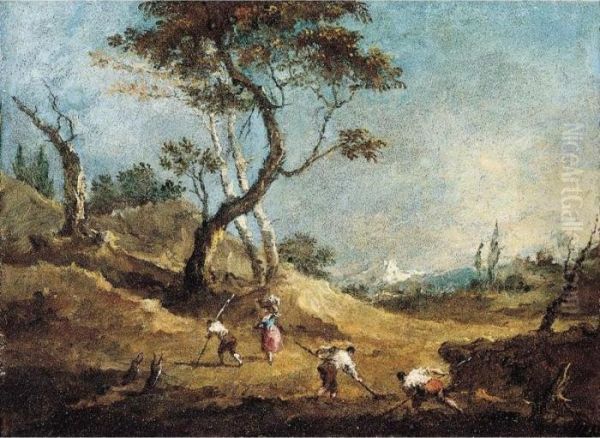 A Pastoral Landscape With Peasants Hoeing And A Washerwoman Before Some Trees Oil Painting by Francesco Guardi