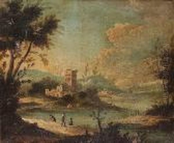 A River Landscape With Figures On The Shore, A Farmhouse And Village Beyond Oil Painting by Francesco Guardi