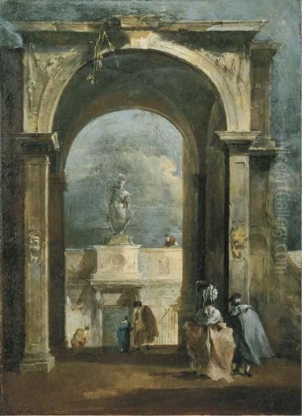 An Architectural Capriccio With 
Elegant Figures And A Classicalarch, A Statue Above A Portico In The 
Distance Oil Painting by Francesco Guardi