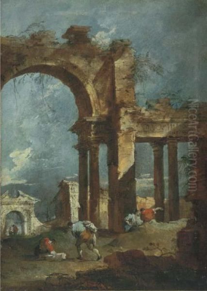 An Architectural Capriccio With 
Figures In Front Of A Ruined Arch,with Other Ruins Beyond Oil Painting by Francesco Guardi