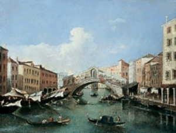 Venezianische Vedute. Blick Uber Den Canale Grande Auf Die Rialtobrucke. Oil Painting by Francesco Guardi