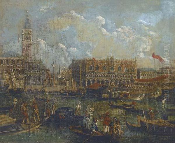 Barges And Gondolas On The Lagoon, Venice Before The Doges' Palace Oil Painting by Francesco Guardi