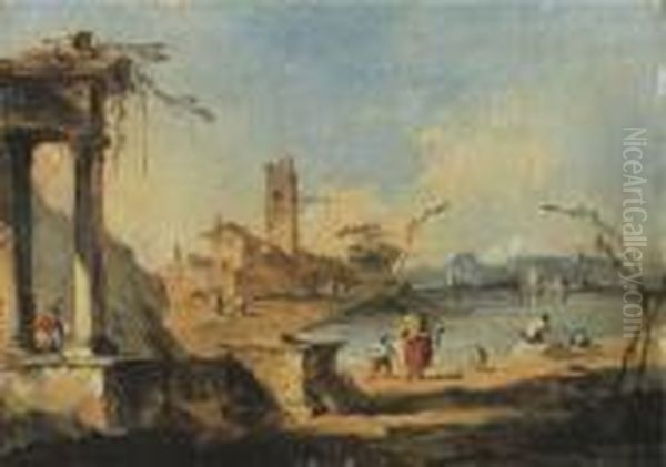 A Capriccio Of Ruins On The 
Venetian Laguna With Washerwomen And Other Figures, Mountains Beyond Oil Painting by Francesco Guardi