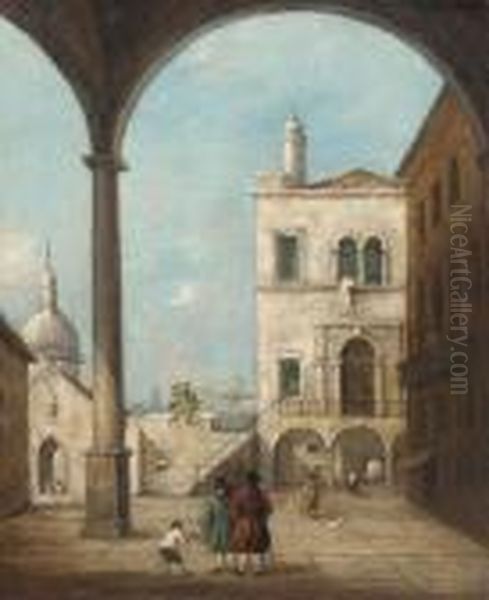 A Venetian Courtyard With Figures Under A Colonnade Oil Painting by Francesco Guardi