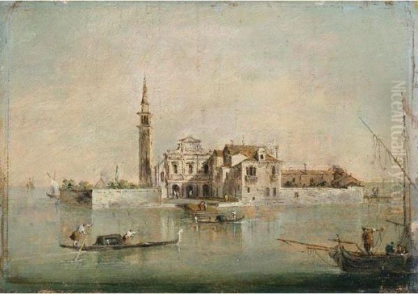 Capriccio With A Church And Tower, A Fishing Boat And Gondolas In The Foreground Oil Painting by Francesco Guardi