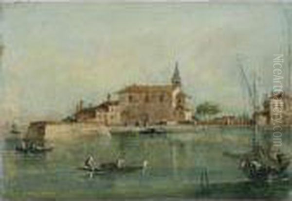 Capriccio With Buildings, A Fishing Boat And Gondolas In The Foreground Oil Painting by Francesco Guardi