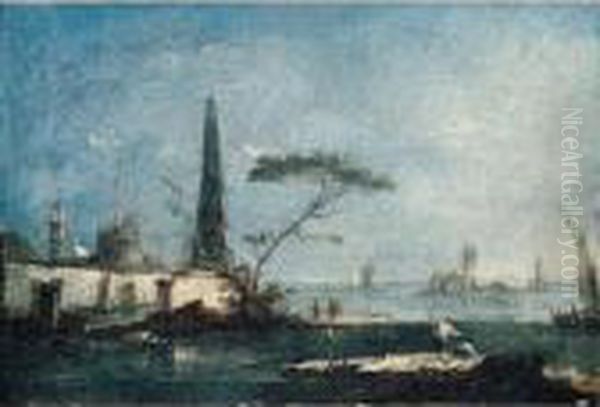 A Capriccio Of The Venetian 
Lagoon With An Obelisk, A Fortified Island, And Fishermen In The 
Foreground Oil Painting by Francesco Guardi