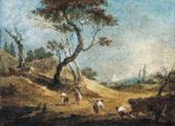 Pastoral Landscape With Peasants Hoeing And A Washerwoman Before Oil Painting by Francesco Guardi