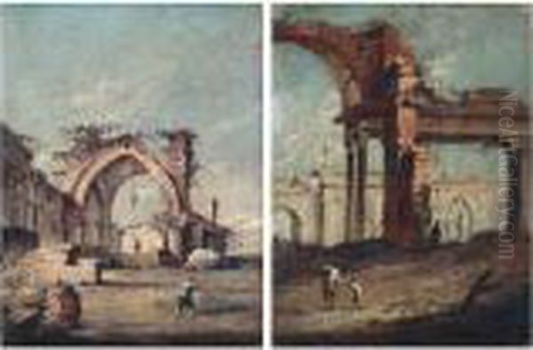 An Architectural Capriccio With 
Three Figures Before Gothic Ruins; An Architectural Capriccio With Two 
Figures Before Classical Ruins Oil Painting by Francesco Guardi