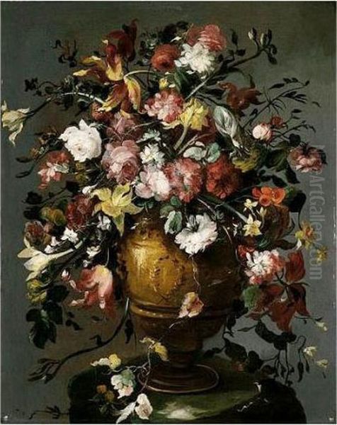 A Still Life Of Roses, 
Daffodils, Carnations, Narcissi And Tulips In A Gilt Urn, Upon A Stone 
Pedestal Oil Painting by Francesco Guardi