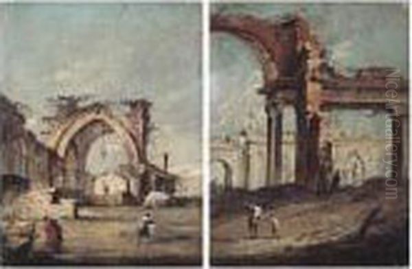 An Architectural Capriccio With Two Figures Before Classical Ruins Oil Painting by Francesco Guardi