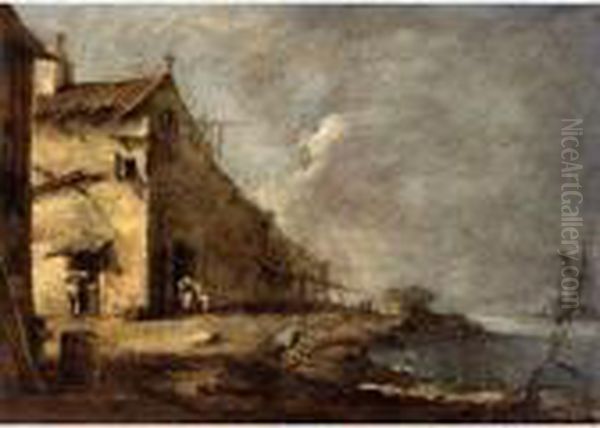 Capriccio With A Rustic Cottage And Figures By River's Edge Oil Painting by Francesco Guardi