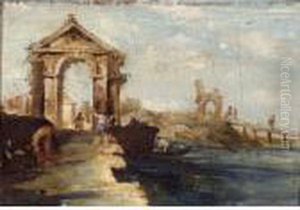 Capriccio With Figures Crossing A Bridge Oil Painting by Francesco Guardi