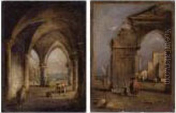 Capriccio Of A Ruined Arch With A
 Man In A Red Coat And Capriccio Of The Arcade Of The Doge's Palace: A 
Pair Of Paintings Oil Painting by Francesco Guardi