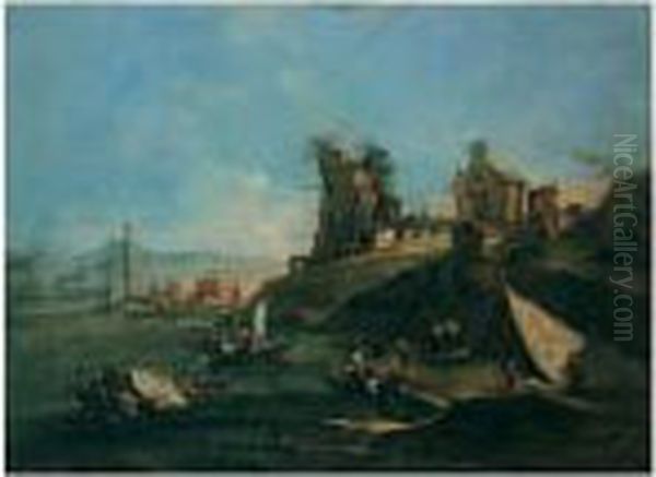 A Coastal Capriccio With Fishing
 Boats At Anchor In A Bay Before A Headland With A Ruined Tower, A 
Mountain Range Beyond Oil Painting by Francesco Guardi