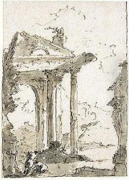 A Capriccio With Classical Ruins And Two Figures Oil Painting by Francesco Guardi