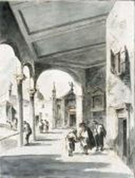 Figures In A Loggia Near A Church Oil Painting by Francesco Guardi