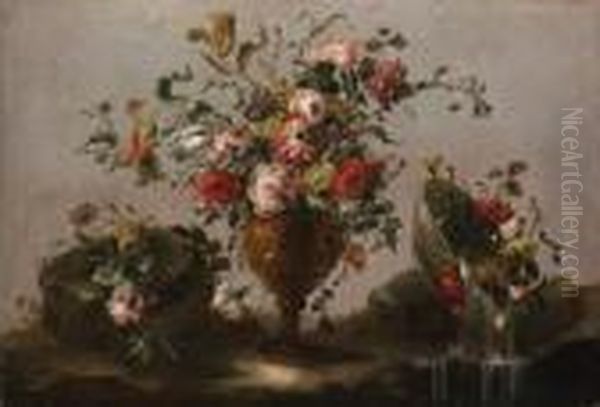 Parrot Tulips, Roses And Other 
Flowers In An Urn, Flowers In A Bowlwith Water Spilling Out And A Bunch 
Of Flowers On A Rockybank Oil Painting by Francesco Guardi