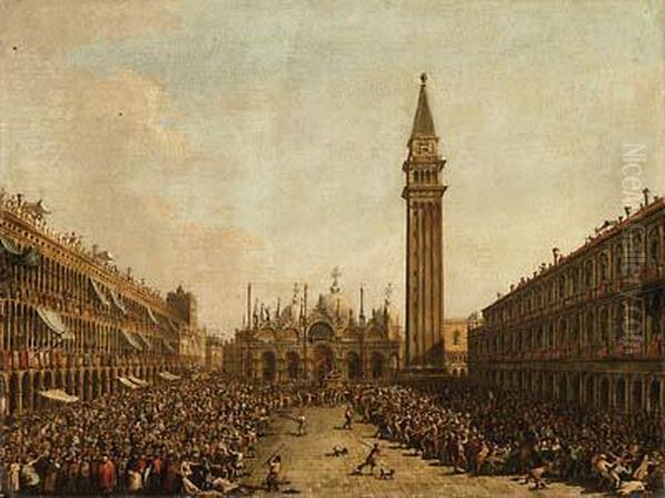 The Piazza San Marco, Venice, On
 The Doge's Coronation Day, Withthe Doge And The Admiral Of The Arsenal 
Being Carried On Thepozzetto, Bearing The Banner Of St. Mark, 
Distributing Money To Thepeople Oil Painting by Francesco Guardi