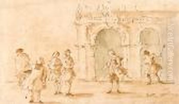 Cavalier Figures Outside A Building Oil Painting by Giacomo Guardi