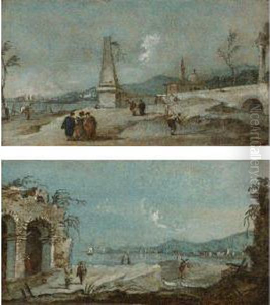 A Capriccio With A Ruined Arch And Figures; A Capriccio With Anobelisk And Figures by Giacomo Guardi