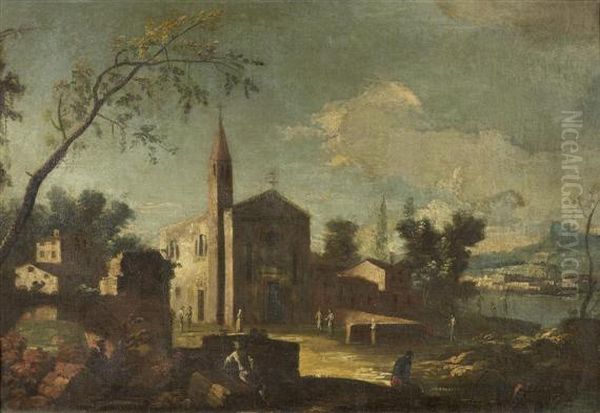 Mediterranean Landscape With Figures Andarchitectural Motif Oil Painting by Giacomo Guardi