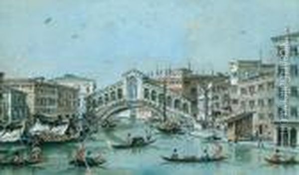 Vedute Des Canal Grande Mit Der Rialtobrucke In Venedig; Veduta Delponte Di Rialto Oil Painting by Giacomo Guardi