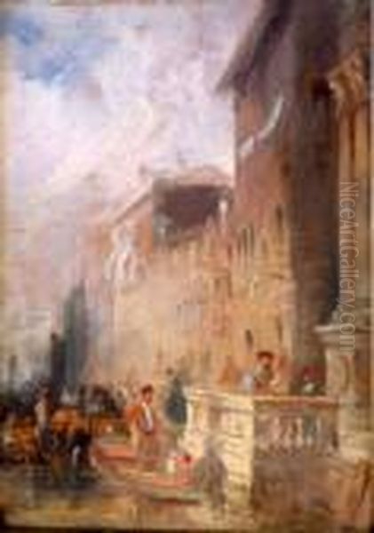 Figures On Palazzo Steps With Gondolas Alongside Oil Painting by Giacomo Guardi