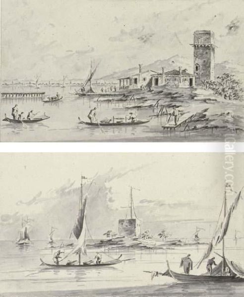 The Torre Di Malghera In The 
Venetian Lagoon; And The Castello Di Sant'andrea On The Lido Oil Painting by Giacomo Guardi