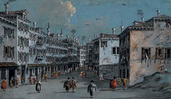 Vue D'une Rue A Venise Avec De Multiples Personnages Oil Painting by Giacomo Guardi