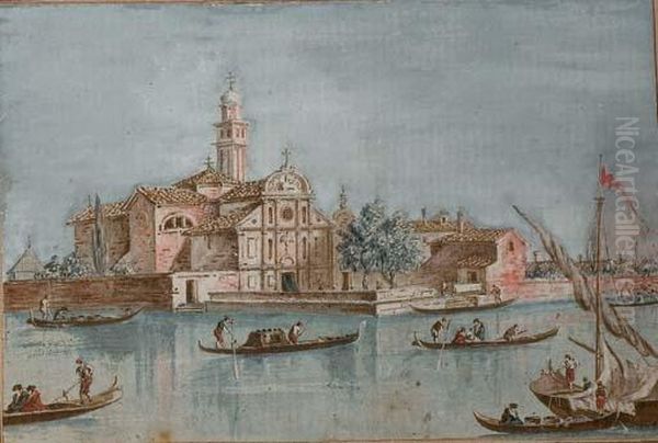 Vue De L'ile San Clemente Au Large De Venise, Des Gondoles Au Premier Plan Oil Painting by Giacomo Guardi