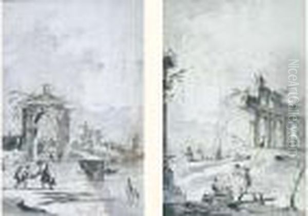 Figures Dans Des Ruines Au Bord De Mer ; Figures Sur Un Quai Devant Une Porte En Arche. Oil Painting by Giacomo Guardi