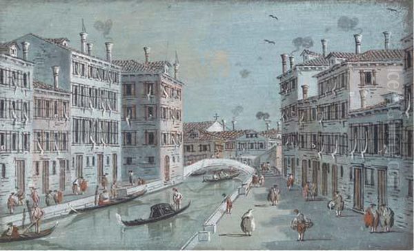 A Venetian Canal With The Wall 
Of A Garden To The Left; And Avenetian Canal With A Bridge In The 
Distance Oil Painting by Giacomo Guardi