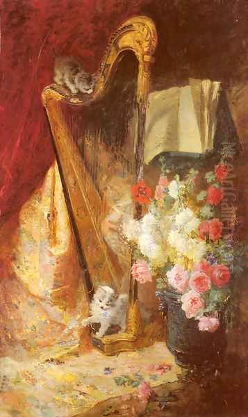 Kittens by a Harp (or A Playful Time) Oil Painting by Charles Monignot