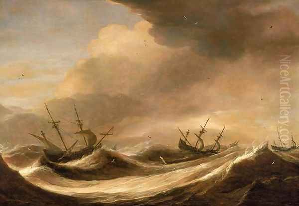 Ships in a Heavy Sea Running Before a Storm c. 1640 Oil Painting by Pieter the Elder Mulier