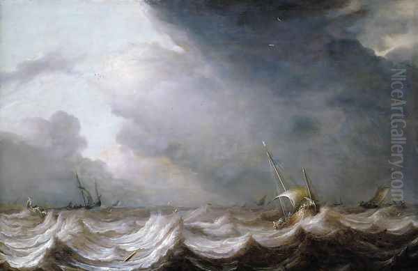 Dutch Vessels at Sea in Stormy Weather Oil Painting by Pieter the Elder Mulier