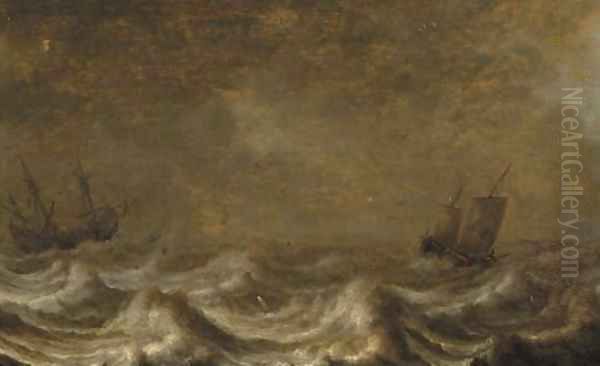 A threemaster and a wijdschip offshore, as a storm approaches Oil Painting by Pieter the Elder Mulier