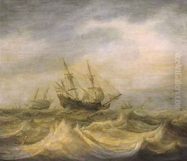 A threemaster and other shipping in choppy waters on a cloudy day Oil Painting by Pieter the Elder Mulier