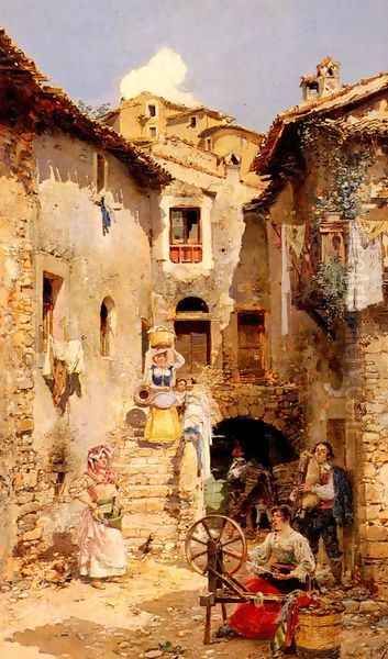 A Roman Courtyard In Summer Oil Painting by Vicente March y Marco