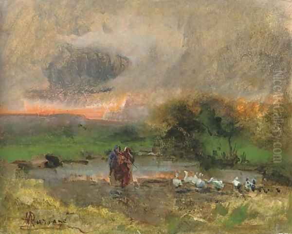 Tending to the geese at dusk Oil Painting by Pompeo Mariani