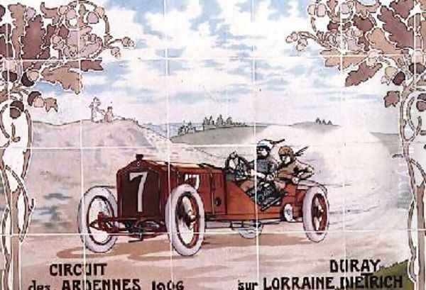 Duray driving a Lorraine Dietrich car in the Circuit des Ardennes of 1906 ceramic tiles manufactured by Gilardoni Fils et Cie of Paris Oil Painting by Ernest Montaut