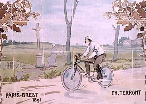 Charles Terront competing in the first ever long-distance cycle race in 1891 Oil Painting by Ernest Montaut