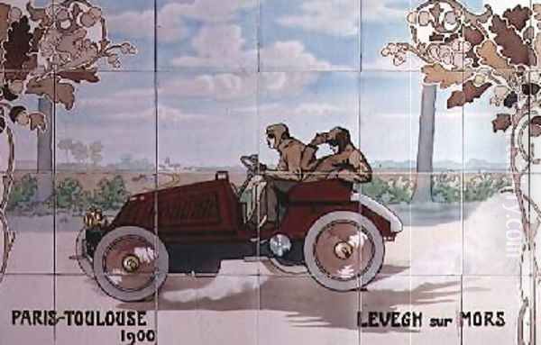 Levegh driving a Mors car in the Paris to Toulouse race of 1900 Oil Painting by Ernest Montaut