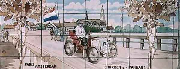 Charron driving a Panhard car in the Paris to Amsterdam race of 1898 Oil Painting by Ernest Montaut