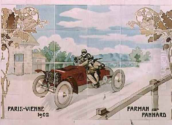 Farman driving a Panhard car in the Paris to Vienna race of 1902 Oil Painting by Ernest Montaut