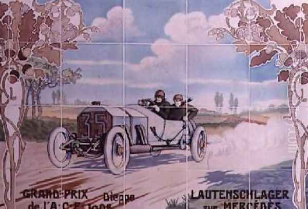 Lautenschlager driving a Mercedes car in the French Grand Prix of 1908 in Dieppe Oil Painting by Ernest Montaut