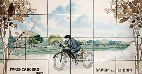 Bardin riding a De Dion motor tricycle in the Paris to Cabourg race of 1897 Oil Painting by Ernest Montaut