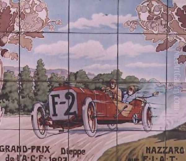 Nazzaro driving a Fiat car in the French Grand Prix of 1907 at Dieppe Oil Painting by Ernest Montaut