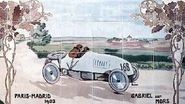 Gabriel driving a Mors car in the Paris to Madrid race of 1903 Oil Painting by Ernest Montaut